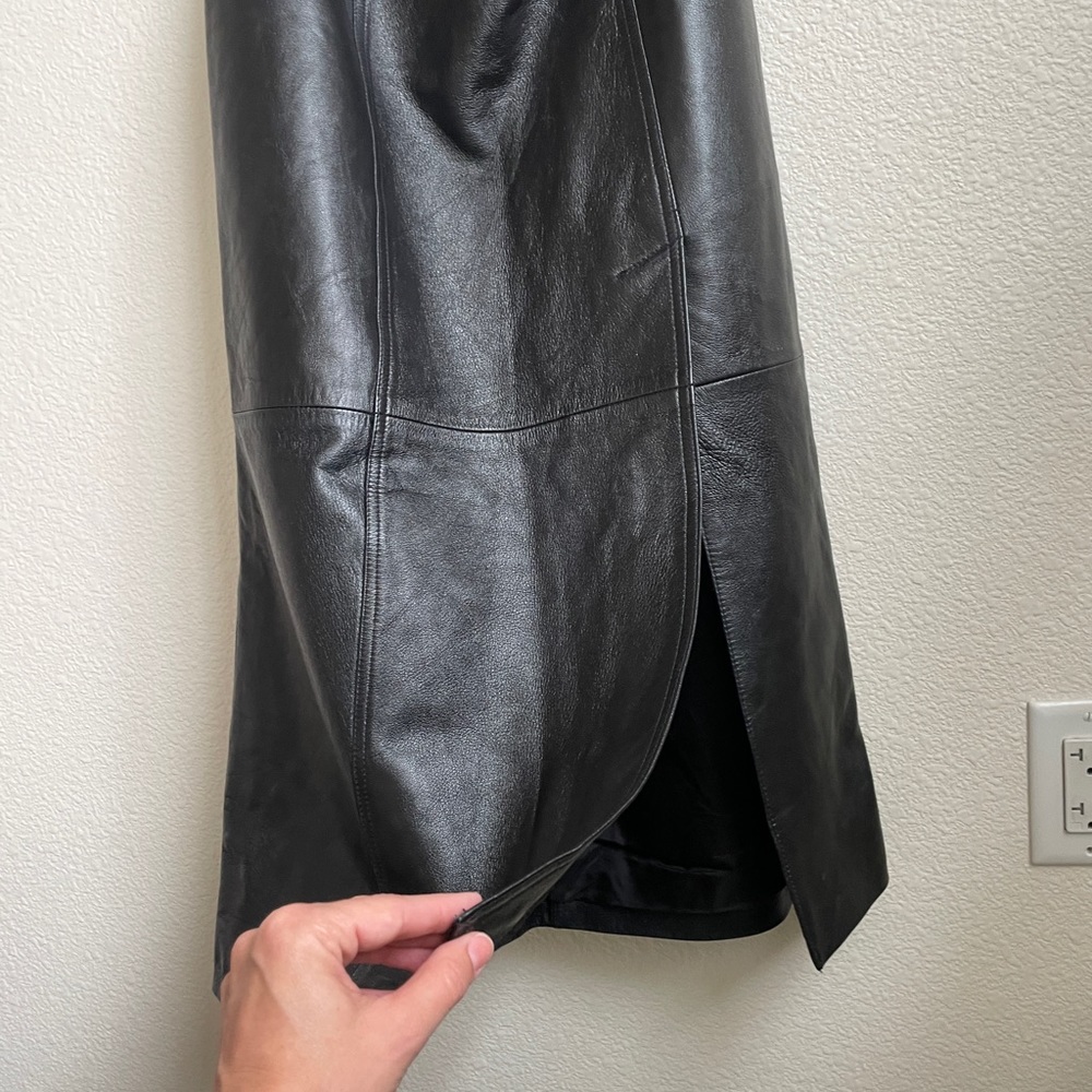 Long, black, leather maxi skirt with slit
